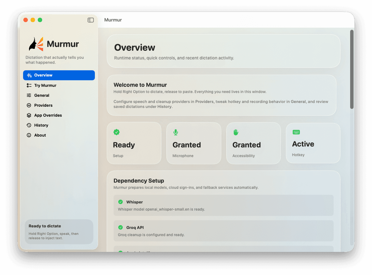 Murmur Overview tab — runtime status, dependency setup, and recent dictation activity