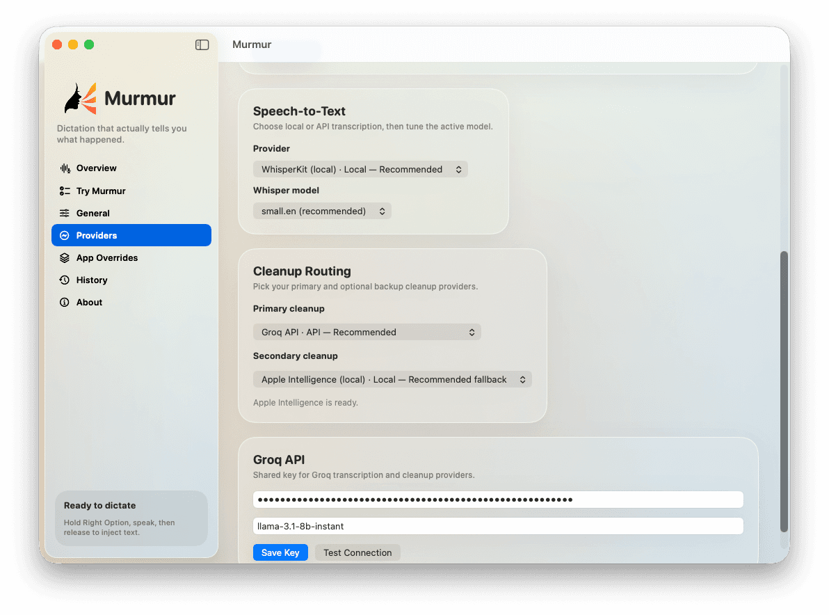 Murmur Providers tab — choose Speech-to-Text, Cleanup Routing, and Groq API key